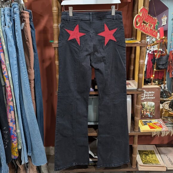 NWT Free People Retro Firecracker Red Star Black Jeans 29 Flare Americana High - Picture 2 of 8